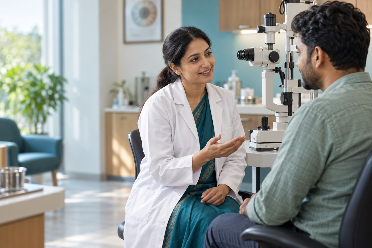 An ophthalmologist consulting a patient in a modern eye examination room